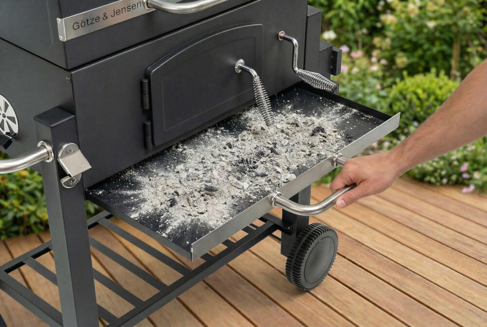 Osoba wysuwa szufladę z popiołem z grilla węglowego marki Götze & Jensen. Grill stoi na drewnianym tarasie, a w tle widać roślinność.