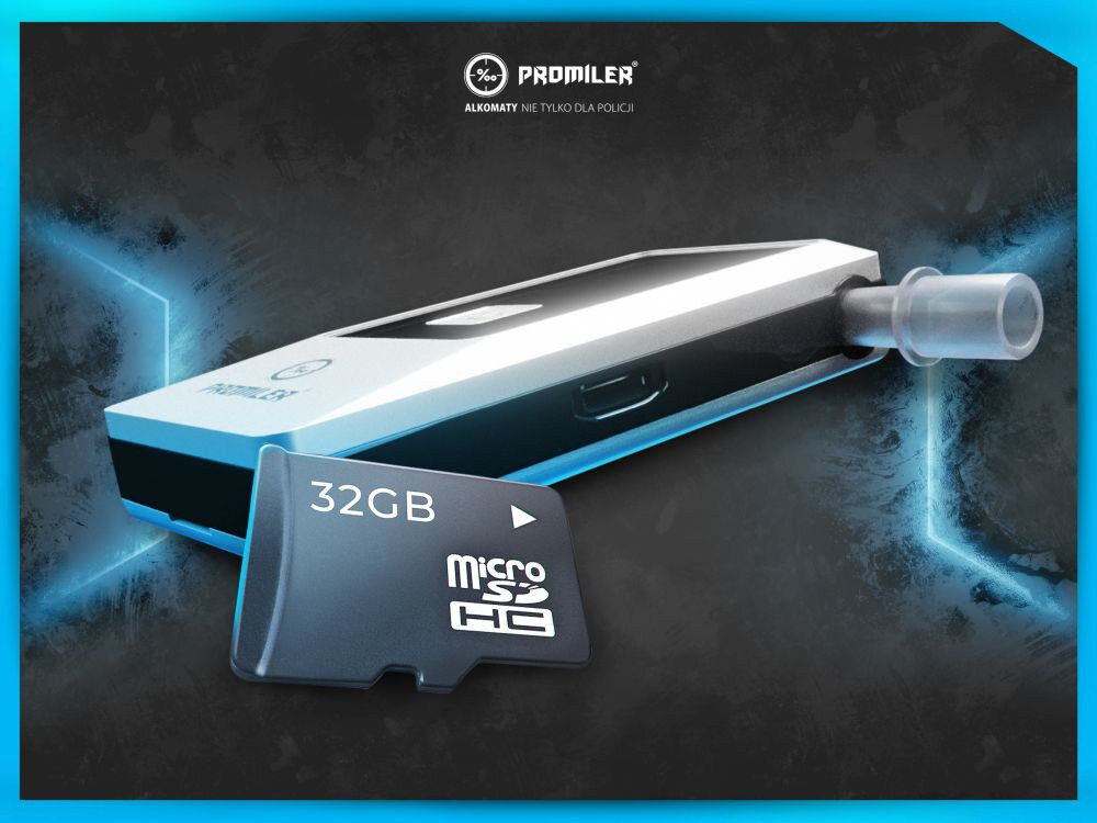 Na obrazie widoczny jest alkomat z logo \'PROMILER\' oraz karta microSD o pojemności 32GB. W tle znajduje się napis \'ALKOMATY NIE TYLKO DLA POLICJI\'.