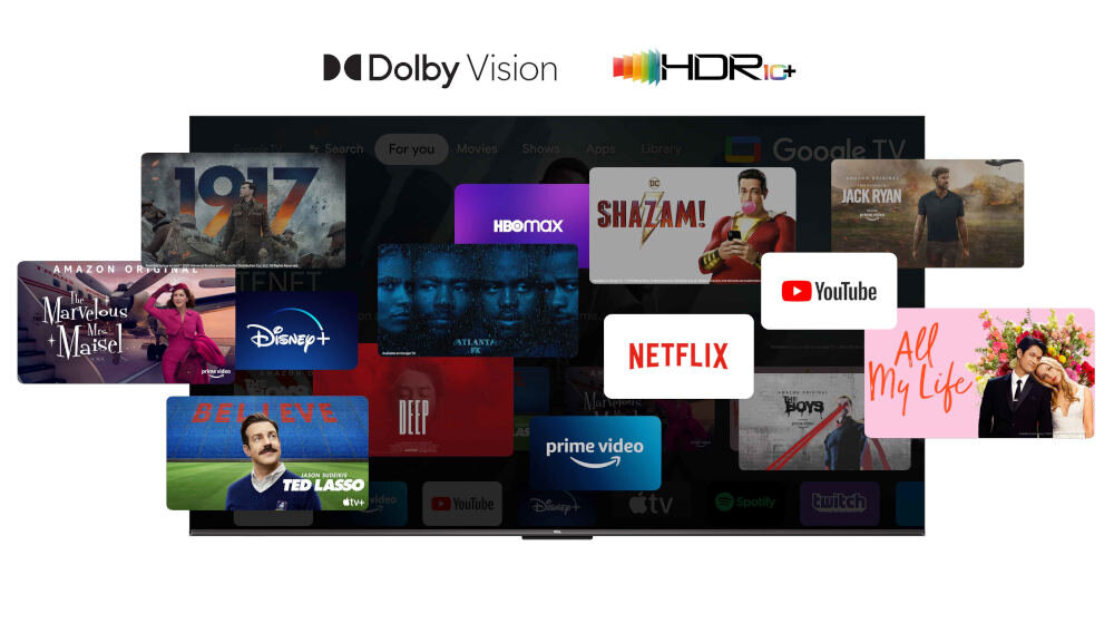 Obraz przedstawia ekran telewizora z aplikacjami streamingowymi, takimi jak Netflix, YouTube, Disney+, Prime Video, HBO Max i inne. Widoczne są także logotypy Dolby Vision i HDR10+.