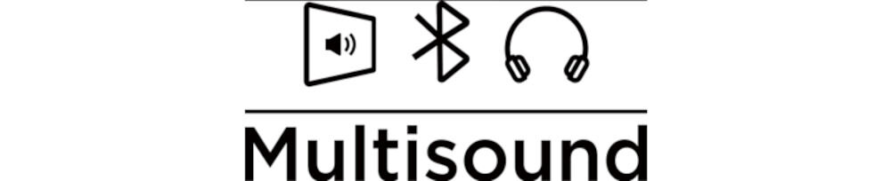 Obraz przedstawia trzy ikony: głośnik, symbol Bluetooth i słuchawki, a poniżej znajduje się napis \'Multisound\'.