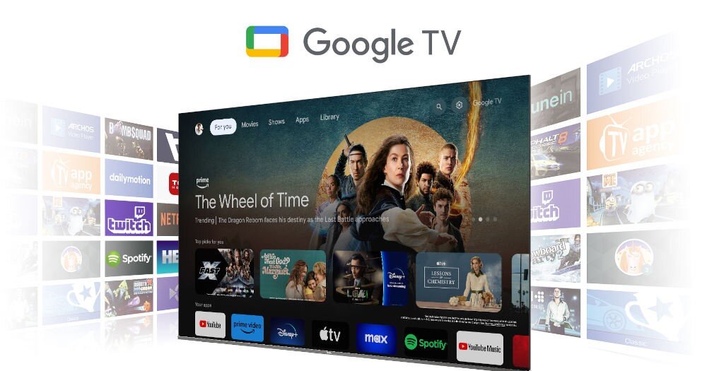 Obraz przedstawia interfejs Google TV z wyświetlonym ekranem głównym, na którym widoczny jest plakat serialu \'The Wheel of Time\'. W tle znajdują się ikony różnych aplikacji, takich jak Spotify, Twitch i Netflix.