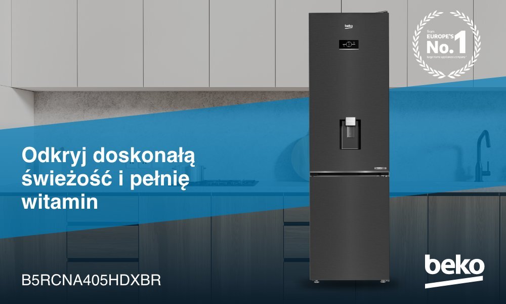 Na obrazie widoczna jest ciemna lodówka z dystrybutorem wody, umieszczona w nowoczesnej kuchni. Na niebieskim tle znajduje się tekst: \'Odkryj doskonałą świeżość i pełnię witamin\', a w prawym dolnym rogu logo \'beko\'.