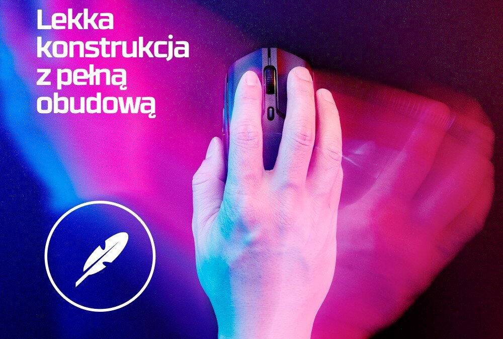 Na obrazie widoczna jest dłoń trzymająca mysz komputerową na tle kolorowych świateł. Obok znajduje się tekst: \'Lekka konstrukcja z pełną obudową\' oraz symbol pióra w okręgu.
