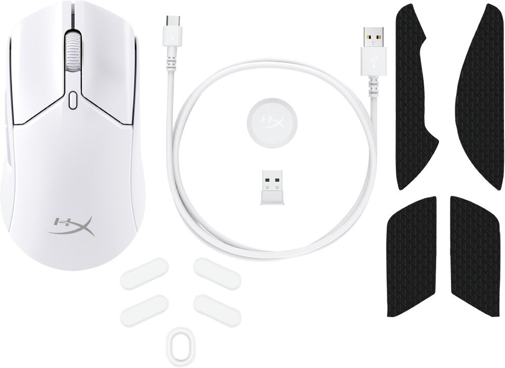 Na obrazie znajduje się biała mysz komputerowa z logo \'HX\', kabel USB, adapter USB, okrągły element z logo \'HX\', cztery czarne nakładki oraz cztery białe elementy. Wszystkie elementy są ułożone na białym tle.
