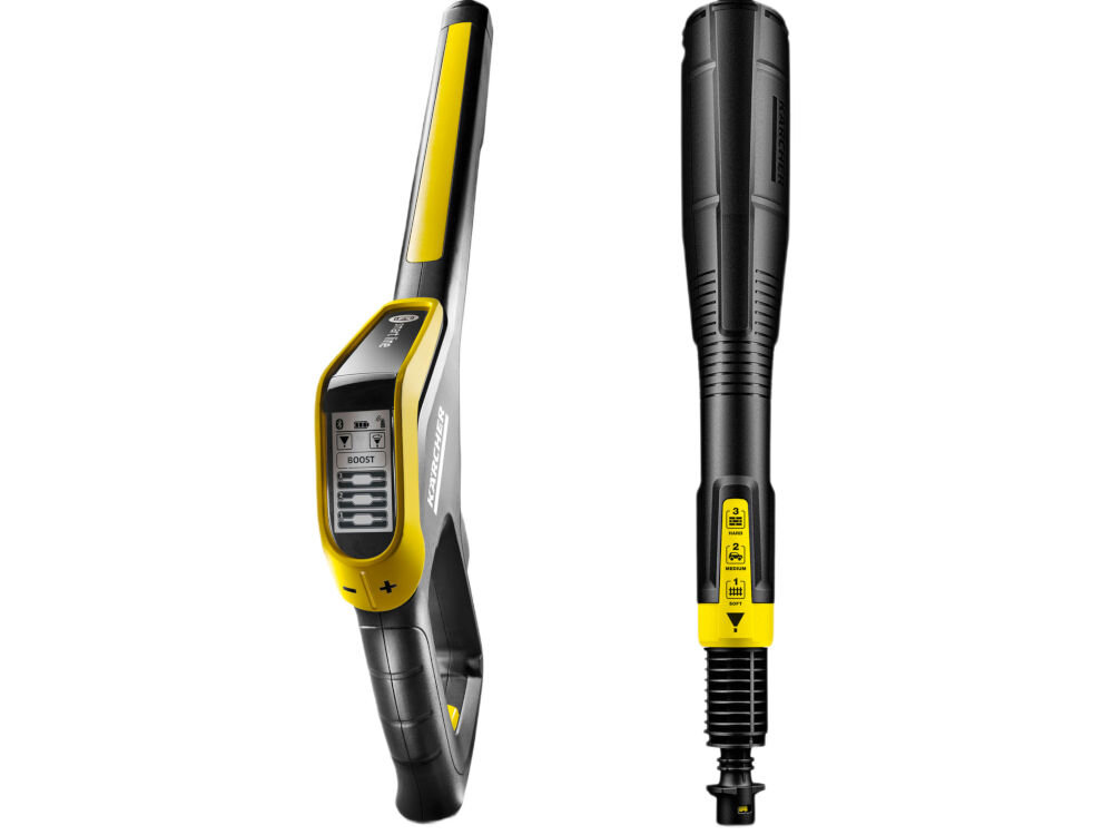Na obrazie widoczne są dwa elementy myjki ciśnieniowej w kolorach czarnym i żółtym. Jeden z elementów posiada wyświetlacz z napisem \'BOOST\' oraz logo \'KARCHER\'.