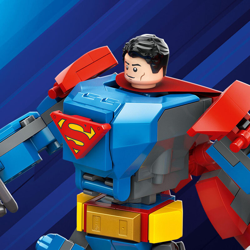 Na obrazie widoczna jest figurka LEGO przedstawiająca postać w niebiesko-czerwonym stroju z symbolem \'S\' na piersi. Tło jest w odcieniach niebieskiego z geometrycznymi wzorami.