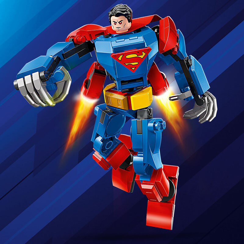 Na obrazie znajduje się figurka LEGO przedstawiająca postać w niebiesko-czerwonym stroju z symbolem \'S\' na piersi. Figurka jest w dynamicznej pozie, z widocznymi elementami przypominającymi płomienie przy nogach.
