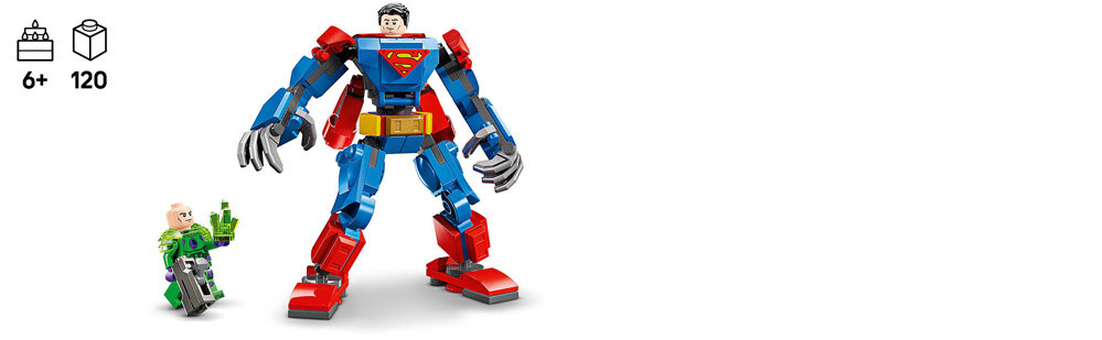 Na obrazie widoczne są dwie figurki LEGO: duży mech w kolorach niebieskim i czerwonym z symbolem \'S\' na piersi oraz mniejsza figurka w zielonym stroju trzymająca zielony element. W lewym górnym rogu znajdują się ikony sugerujące wiek 6+ i liczba elementów 120.