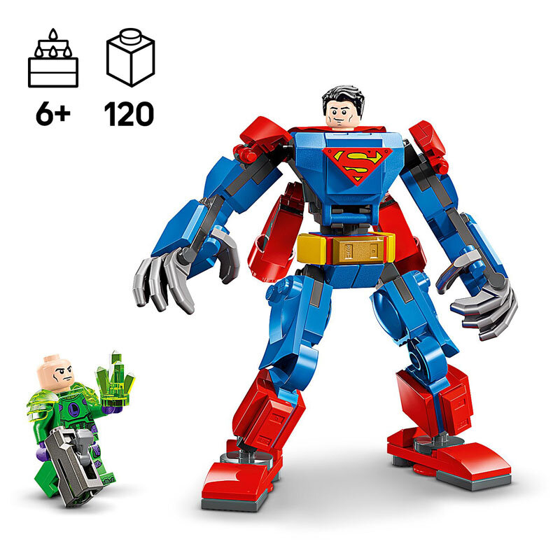 Na obrazie widoczne są dwie figurki LEGO: duży mech w kolorach niebieskim i czerwonym z symbolem \'S\' na piersi oraz mniejsza figurka w zielonym stroju z fioletowymi elementami. W lewym górnym rogu znajdują się ikony przedstawiające wiek 6+ i liczbę elementów 120.