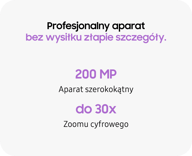 Profesjonalny aparat 200 MP z maksymalnie 30-krotnym zoomem cyfrowym. Obraz przedstawia tekst: \'Profesjonalny aparat bez wysiłku złapie szczegóły. 200 MP Aparat szerokokątny do 30x Zoomu cyfrowego\'.
