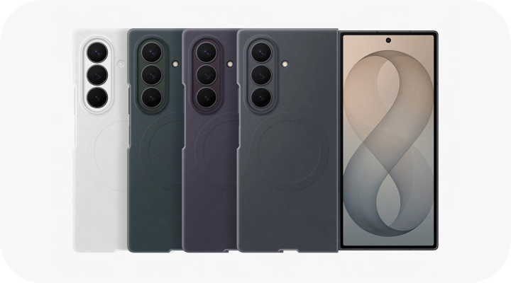 Etui do Galaxy Z Fold8 Ultra w czarnym, białym, fioletowym i zielonym kolorze. Na obrazie widoczne są cztery smartfony w różnych kolorach z trzema pionowymi aparatami oraz jeden smartfon z wyświetlaczem pokazującym abstrakcyjny wzór w kształcie cyfry osiem.