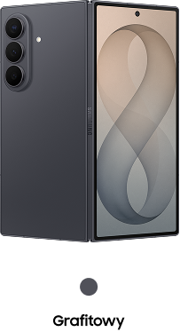 Packshot Galaxy Z Fold8 Ultra w kolorze grafitowym Smartfon z dużym ekranem, na którym widoczna jest grafika z cyfrą 8. Z tyłu urządzenia znajdują się trzy obiektywy aparatu i logo Samsung.