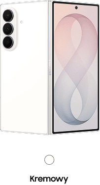 Packshot Galaxy Z Fold8 Ultra w kolorze kremowym Smartfon w kolorze kremowym z trzema aparatami z tyłu i wyświetlaczem z przodu. Pod spodem napis \'Kremowy\'.
