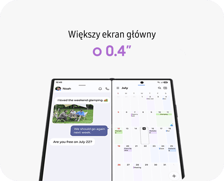 Galaxy Z Fold8 ma ekran główny większy o 0,4 cala, z widokiem rozmowy i kalendarza. Obraz przedstawia otwarty smartfon z dwoma ekranami, na których widoczne są wiadomości i kalendarz. Na górze znajduje się tekst: \'Większy ekran główny o 0.4\
