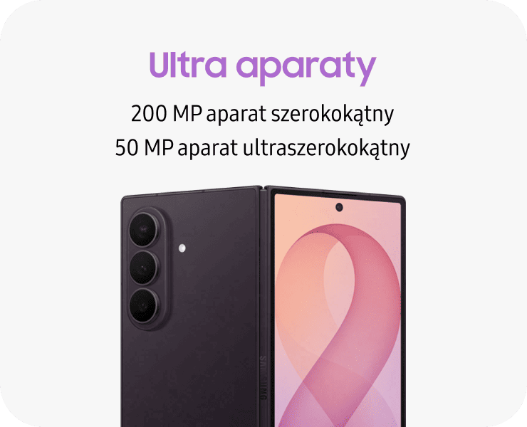 Galaxy Z Fold8 Ultra z aparatem szerokokątnym 200 MP i ultraszerokokątnym 50 MP. Obraz przedstawia smartfon z trzema aparatami na tylnej obudowie oraz ekranem z wyświetlonym różowym motywem. Tekst na obrazie: \'Ultra aparaty 200 MP aparat szerokokątny 50 MP aparat ultraszerokokątny\'.