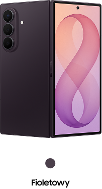 Packshot Galaxy Z Fold8 Ultra w kolorze fioletowym Smartfon z dużym ekranem i trzema aparatami z tyłu, obok widoczny jest ekran z gradientowym tłem w odcieniach różu i fioletu. Na ekranie znajduje się symbol przypominający cyfrę osiem.