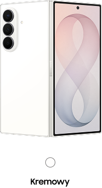 Packshot Galaxy Z Fold8 Ultra w kolorze kremowym Smartfon w kolorze kremowym z trzema aparatami z tyłu i dużym ekranem z przodu, na którym widoczna jest grafika z cyfrą 8. Na boku urządzenia znajduje się napis \'SAMSUNG\'.
