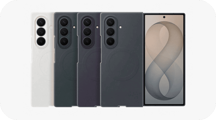 Etui do Galaxy Z Fold8 Ultra w czarnym, białym, fioletowym i zielonym kolorze. Na obrazie widoczne są cztery smartfony w różnych kolorach z trzema aparatami z tyłu oraz jeden z wyświetlaczem pokazującym abstrakcyjny wzór w kształcie cyfry 8.