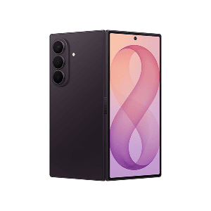 Packshot Galaxy Z Fold8 Ultra w kolorze fioletowym Smartfon w kolorze grafitowym z trzema aparatami z tyłu i dużym wyświetlaczem z przodu, na którym widoczna jest liczba 8 na gradientowym tle.