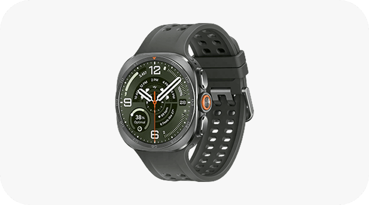 Packshot Galaxy Watch Ultra2 Smartwatch z okrągłą tarczą, ciemnym paskiem i widocznymi cyframi oraz wskazówkami na wyświetlaczu. Na tarczy widoczny jest także wskaźnik procentowy i napis \'Optimal\'.
