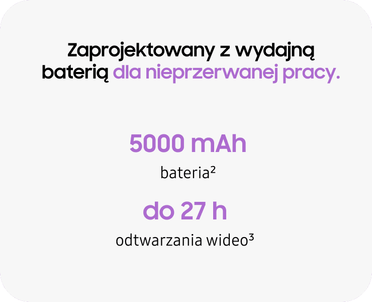 Bateria 5000 mAh zapewnia do 27 godzin odtwarzania wideo. Grafika przedstawia tekst: \'Zaprojektowany z wydajną baterią dla nieprzerwanej pracy. 5000 mAh bateria² do 27 h odtwarzania wideo³\'.