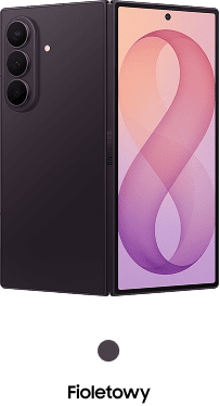 Packshot Galaxy Z Fold8 Ultra w kolorze fioletowym Smartfon z trzema aparatami z tyłu i dużym ekranem z przodu, wyświetlającym gradientowy wzór w kształcie cyfry osiem. Pod urządzeniem znajduje się napis \'Fioletowy\'.
