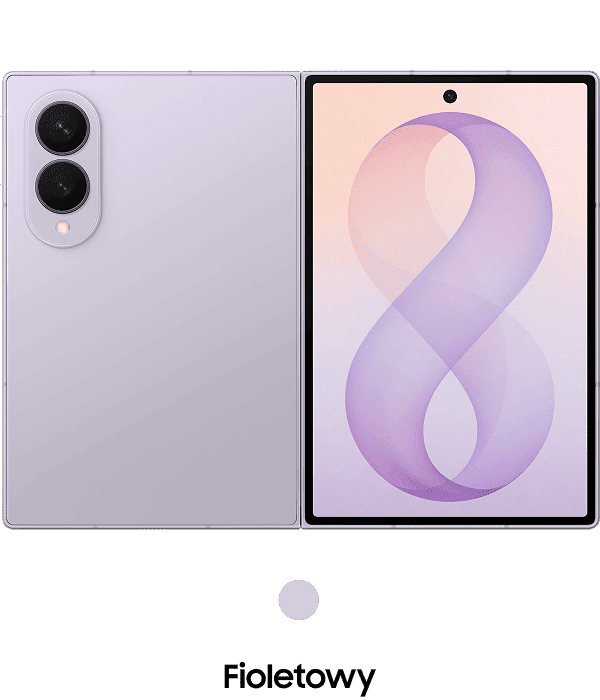 Packshot Galaxy Z Fold8 w kolorze fioletowym Obraz przedstawia fioletowy smartfon z dwoma aparatami z tyłu i dużym ekranem z przodu. Pod obrazem znajduje się napis \'Fioletowy\'.
