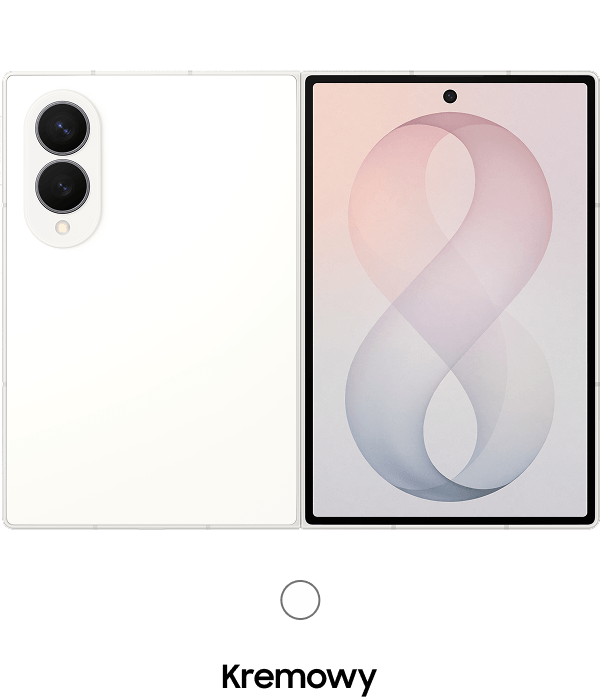 Packshot Galaxy Z Fold8 w kolorze kremowym Obraz przedstawia smartfon z dwoma aparatami na tylnej obudowie oraz ekranem z wyświetlonym gradientowym symbolem przypominającym cyfrę 8. Obudowa jest w kolorze kremowym.