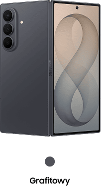 Packshot Galaxy Z Fold8 Ultra w kolorze grafitowym Grafitowy smartfon z trzema aparatami z tyłu i dużym ekranem z przodu. Pod ekranem widoczny jest symbol w kształcie cyfry 8 oraz napis \'Grafitowy\'.