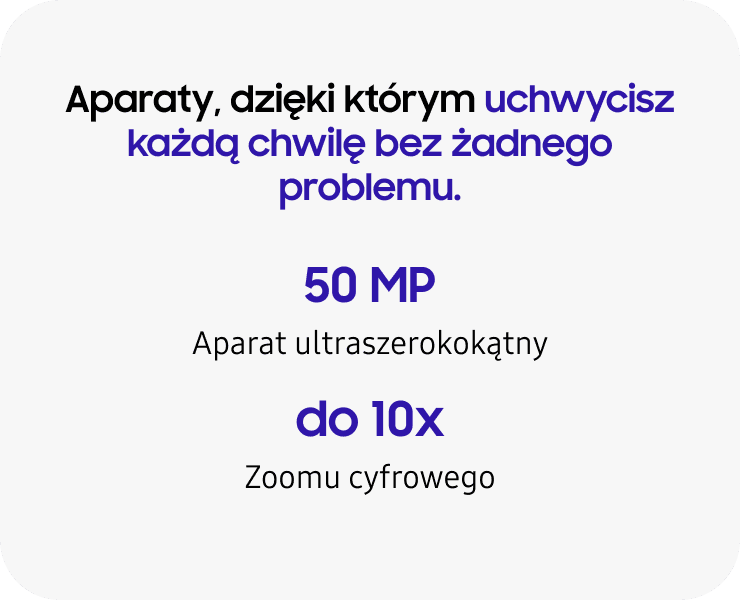 Grafika z tekstem: \'Aparaty, dzięki którym uchwycisz każdą chwilę bez żadnego problemu. 50 MP Aparat ultraszerokokątny do 10x Zoomu cyfrowego\'.