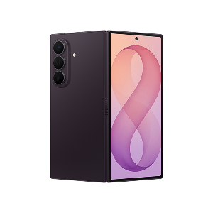 Packshot Galaxy Z Fold8 Ultra w kolorze fioletowym Smartfon w kolorze fioletowym z dużym, składanym ekranem wyświetlającym grafikę z cyfrą 8. Na tylnej obudowie widoczne są trzy obiektywy aparatu.