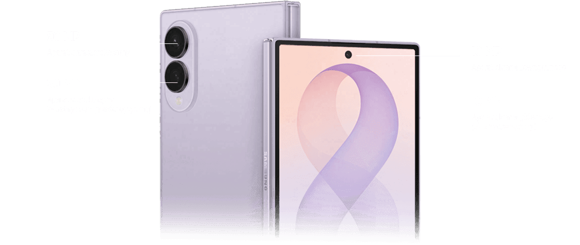 Galaxy Z Fold8 z aparatami 50 MP i 10 MP z przodu oraz z tyłu. Obraz przedstawia smartfon z rozłożonym ekranem i widocznymi aparatami fotograficznymi. Na ekranie widoczny jest symbol przypominający cyfrę osiem, a obok znajdują się opisy aparatów: 50 MP aparat ultraszerokokątny, 50 MP aparat szerokokątny z 3-krotnym zoomem optycznym, 10 MP aparat ekranu zewnętrznego, 10 MP aparat ekranu głównego (ekran wewnętrzny).