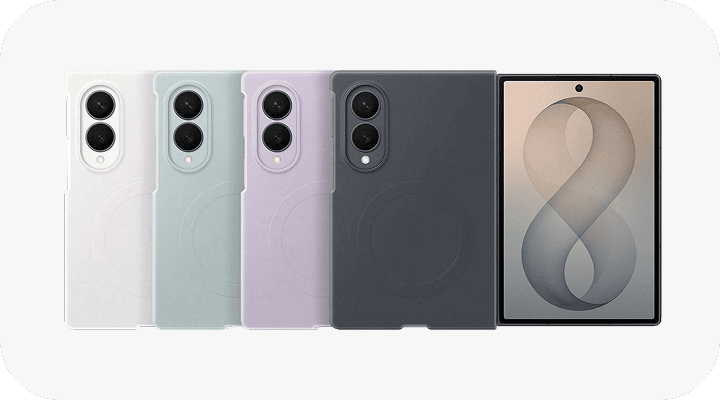 Etui do Galaxy Z Fold8 w kolorze czarnym, białym, fioletowym i zielonym Obraz przedstawia pięć etui na smartfony w różnych kolorach: białym, miętowym, fioletowym, szarym i czarnym, obok wyświetlacza z grafiką przedstawiającą cyfrę osiem.