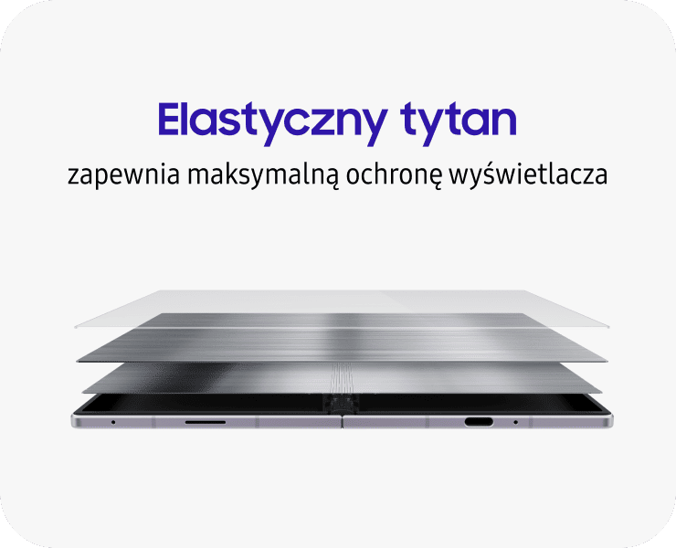 Grafika przedstawia warstwową strukturę ochronną ekranu smartfona z tekstem: \'Elastyczny tytan zapewnia maksymalną ochronę wyświetlacza\'.