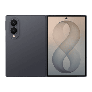 Packshot Galaxy Z Fold8 w kolorze grafitowym Smartfon z dużym ekranem, na którym widoczna jest liczba 8. Obok znajduje się część z dwoma aparatami fotograficznymi.