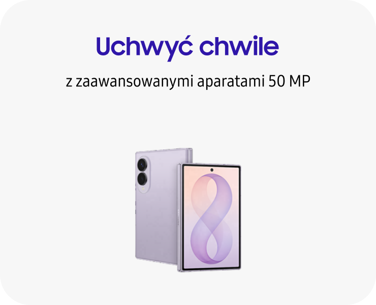 Na obrazie widoczny jest fioletowy smartfon z dużym ekranem, obok którego znajduje się tekst: \'Uchwyć chwile z zaawansowanymi aparatami 50 MP\'.
