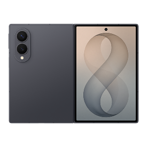 Packshot Galaxy Z Fold8 w kolorze grafitowym Smartfon z dużym ekranem, na którym widoczna jest liczba 8. Obok znajduje się część z dwoma aparatami fotograficznymi.
