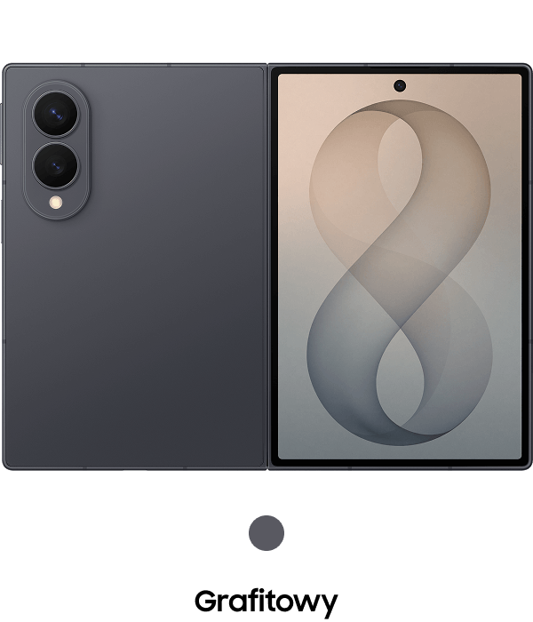 Packshot Galaxy Z Fold8 w kolorze grafitowym Obraz przedstawia smartfon z rozłożonym ekranem, na którym widoczna jest grafika z dużą cyfrą 8. Obok ekranu znajduje się tylna część urządzenia z dwoma obiektywami aparatu i napisem \'Grafitowy\'.
