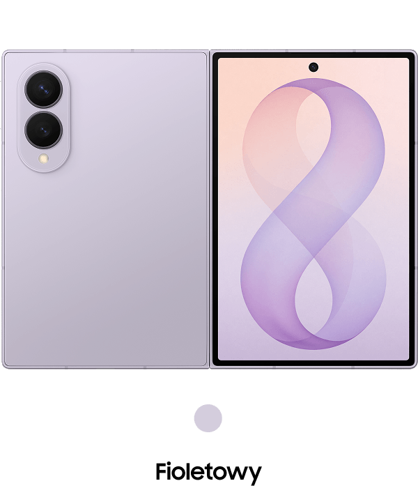 Packshot Galaxy Z Fold8 w kolorze fioletowym Obraz przedstawia smartfon w kolorze kremowym z dwoma aparatami z tyłu i dużym ekranem z przodu. Na ekranie widoczna jest grafika z dużą cyfrą 8.