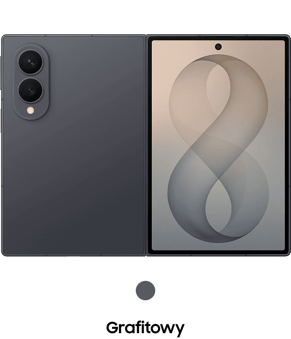 Packshot Galaxy Z Fold8 w kolorze grafitowym Obraz przedstawia otwarty smartfon w kolorze grafitowym z dwoma aparatami na tylnej obudowie i dużym ekranem z wyświetlonym symbolem ósemki. Pod urządzeniem znajduje się napis \'Grafitowy\'.