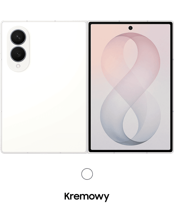 Packshot Galaxy Z Fold8 w kolorze kremowym Obraz przedstawia smartfon w kolorze kremowym z dwoma aparatami z tyłu i ekranem z przodu, na którym widoczna jest grafika w kształcie cyfry 8. Pod urządzeniem znajduje się napis \'Kremowy\'.