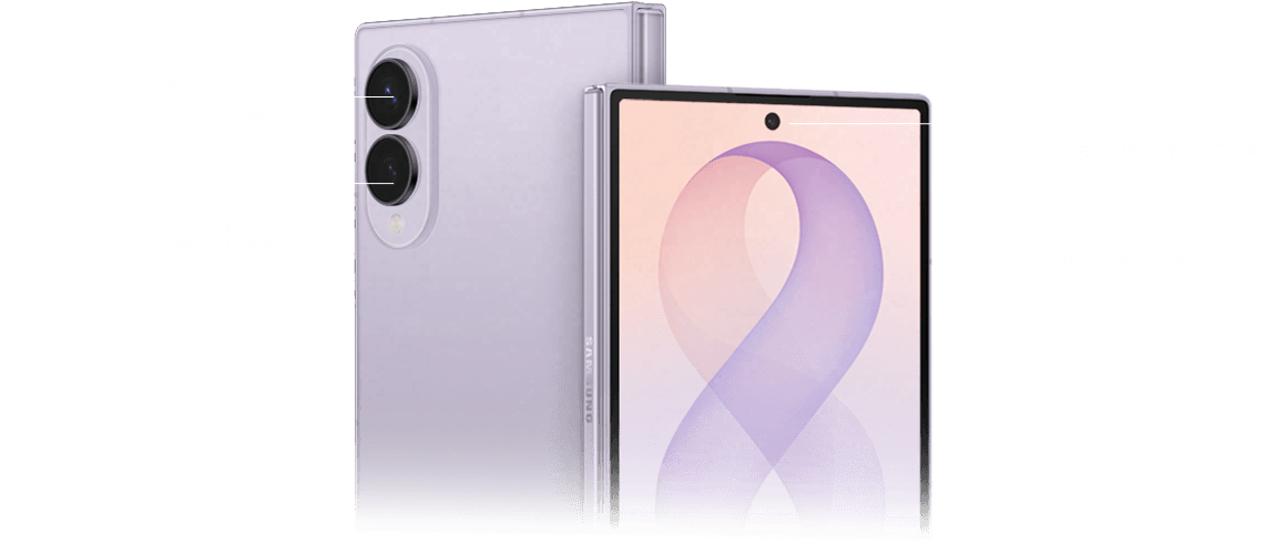 Obraz przedstawia smartfon z rozłożonym ekranem i widocznymi aparatami fotograficznymi. Na ekranie widoczny jest symbol przypominający cyfrę osiem, a obok znajdują się opisy aparatów: 50 MP aparat ultraszerokokątny, 50 MP aparat szerokokątny z 3-krotnym zoomem optycznym, 10 MP aparat ekranu zewnętrznego, 10 MP aparat ekranu głównego (ekran wewnętrzny).