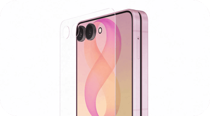 Przezroczyste warstwy ochronne nad ekranem zewnętrznym i aparatami Galaxy Z Flip8. Obraz przedstawia smartfon z różowym obramowaniem i trzema aparatami z tyłu. Na ekranie widoczny jest gradientowy wzór w kształcie cyfry osiem.