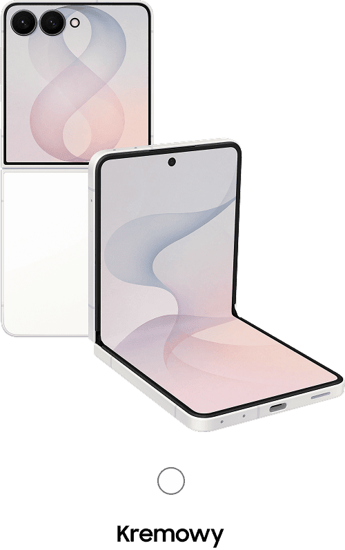 Packshot Galaxy Z Flip8 w kolorze kremowym Smartfon w kolorze kremowym z dwoma aparatami z tyłu i dużym, składanym ekranem z przodu. Na ekranie widoczny jest abstrakcyjny wzór w pastelowych kolorach.