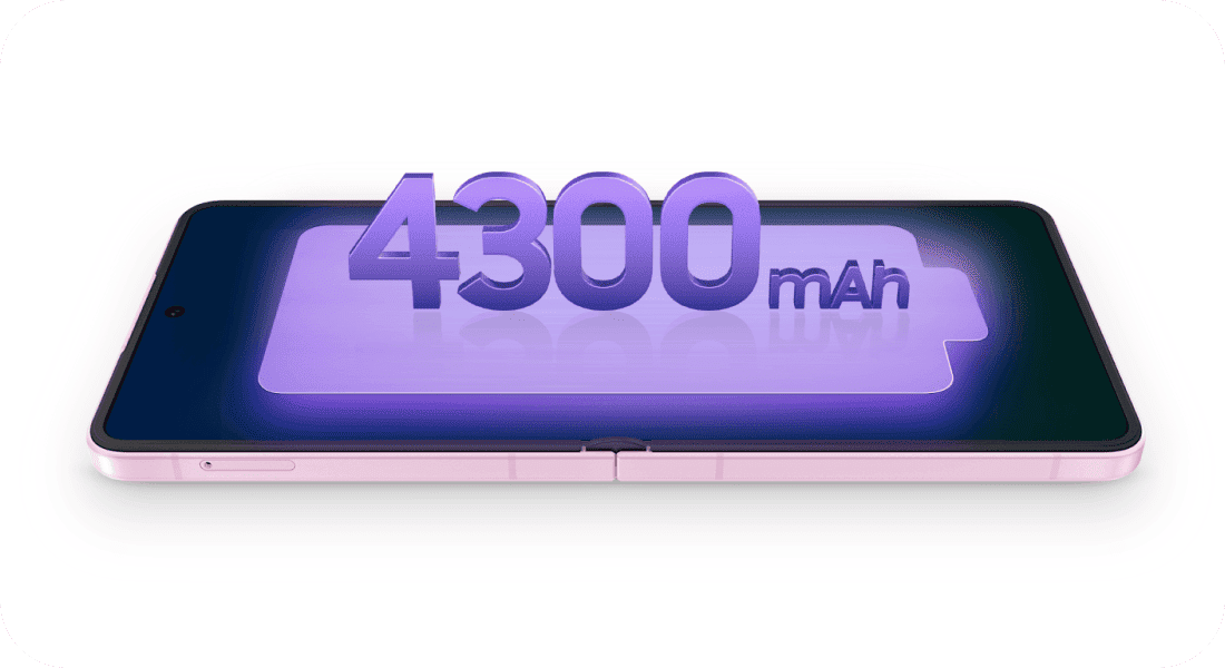 Rozłożony Galaxy Z Flip8 z oznaczeniem baterii o pojemności 4300 mAh. Obraz przedstawia smartfon z wyświetlaczem, na którym widoczna jest grafika baterii z napisem \'4300 mAh\'.