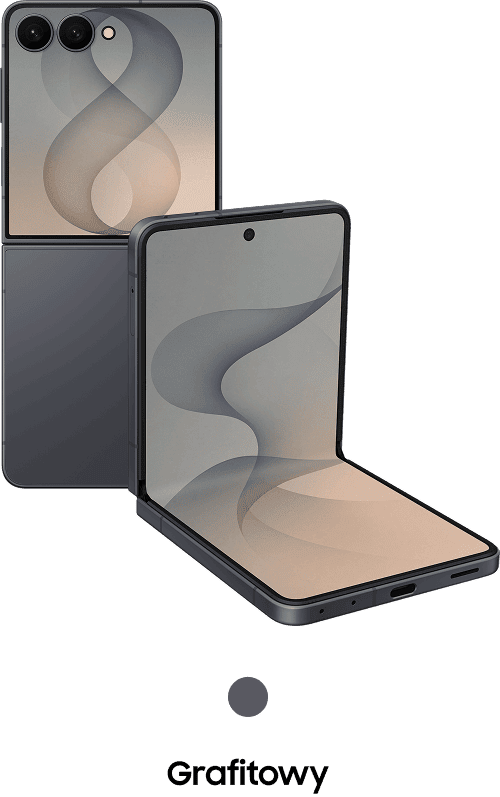 Packshot Galaxy Z Flip8 w kolorze grafitowym Na obrazie widoczny jest składany smartfon w kolorze grafitowym z wyświetlaczem i trzema aparatami na tylnej obudowie. Pod nim znajduje się napis \'Grafitowy\'.