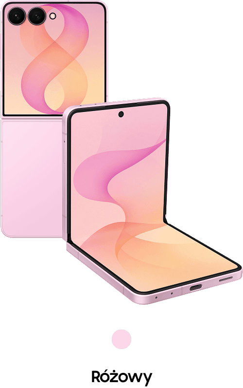 Packshot Galaxy Z Flip8 w kolorze różowym Na obrazie widoczny jest różowy smartfon z elastycznym ekranem, który jest częściowo złożony. Na ekranie i tylnej obudowie widoczny jest abstrakcyjny wzór w odcieniach różu i pomarańczu.
