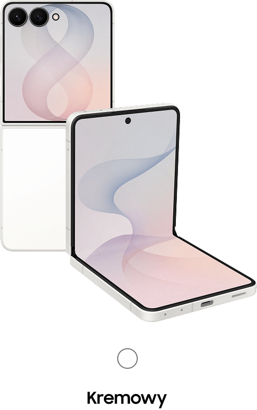 Packshot Galaxy Z Flip8 w kolorze kremowym Smartfon z klapką w kolorze różowym, z widocznym dużym ekranem i trzema aparatami na tylnej obudowie. Na ekranie wyświetlany jest abstrakcyjny wzór w pastelowych kolorach.