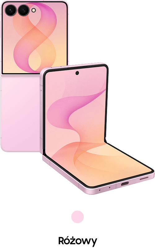 Packshot Galaxy Z Flip8 w kolorze różowym Różowy smartfon z klapką, z wyświetlaczem o gradientowym tle w odcieniach różu i pomarańczu. Na tylnej części widoczne są dwa aparaty fotograficzne.