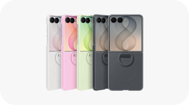 Etui do Galaxy Z Flip8 w kolorze białym, różowym, zielonym, grafitowym i czarnym Pięć smartfonów w różnych kolorach: biały, różowy, zielony, beżowy i czarny, ustawionych w rzędzie. Każdy z nich ma podwójny aparat i widoczny wzór na obudowie.